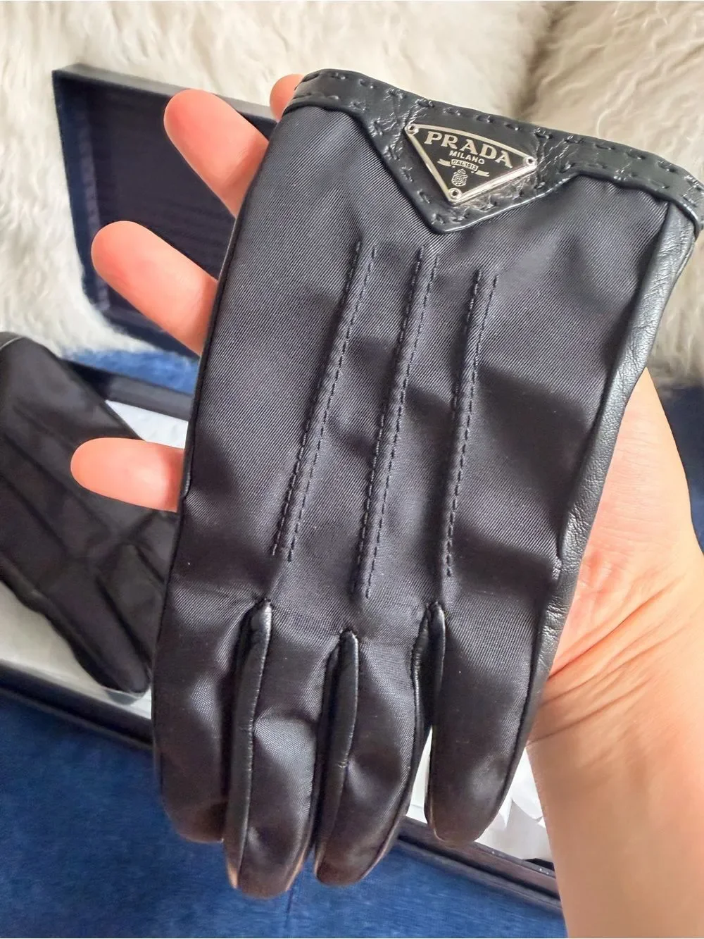 Prada Black Nylon leather Logo Gloves for Men — Triangular Badge